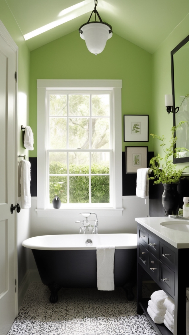green bathroom tiles, black and white bathroom, green bathroom accessories, black vanity, green bathroom decor