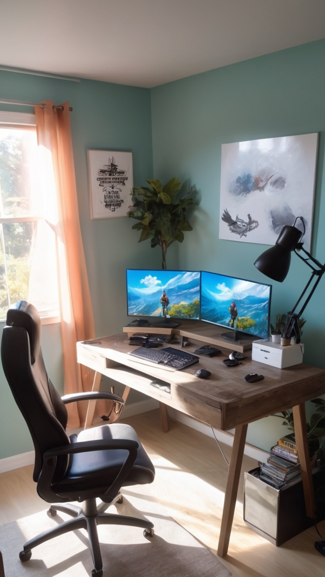 home office desk, ergonomic chair, dual monitor setup, gaming keyboard, comfortable mouse