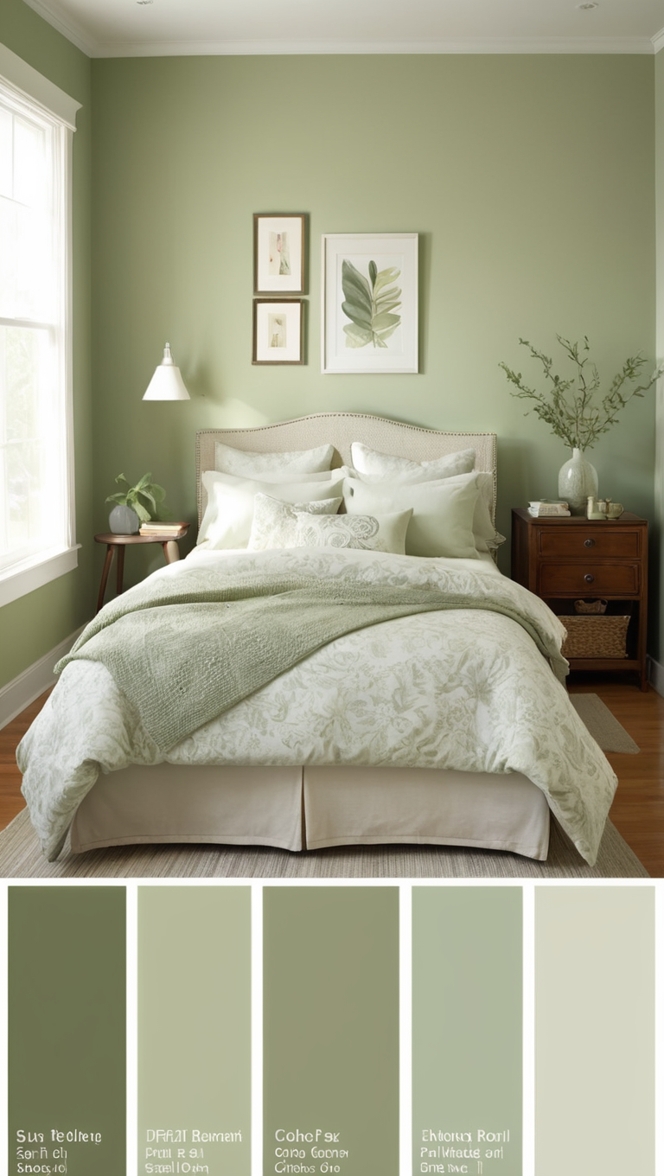 sage green walls, sage green paint, light green bedroom, sage green decor, sage green bedding