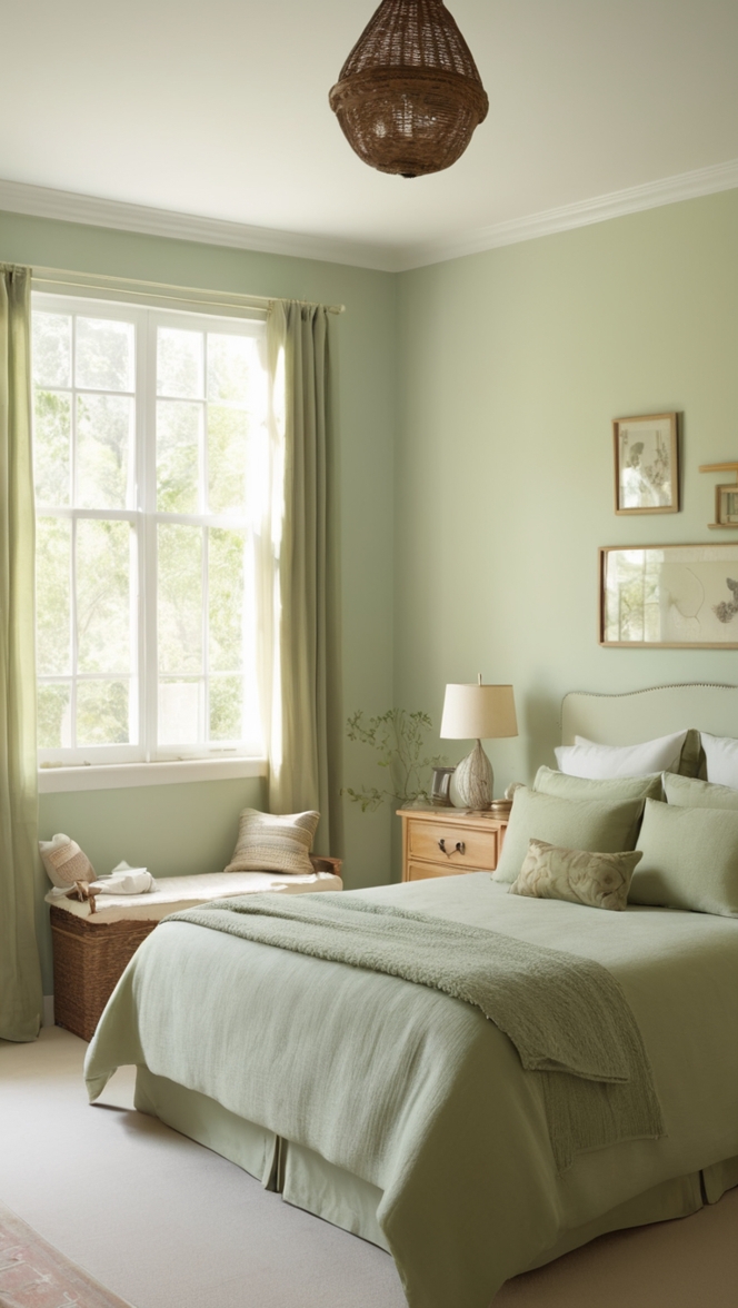 sage green walls, sage green paint, light green bedroom, sage green decor, sage green bedding