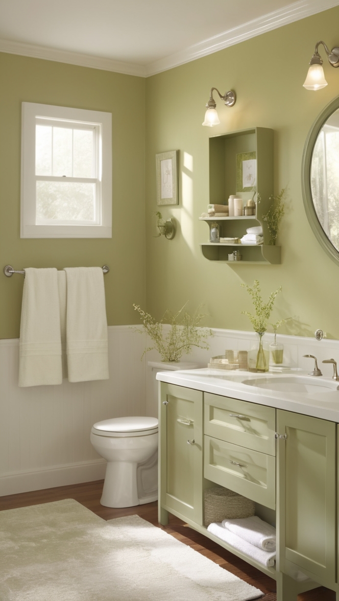 olive green tile, olive green paint, olive green decor, olive green vanity, olive green shower curtain