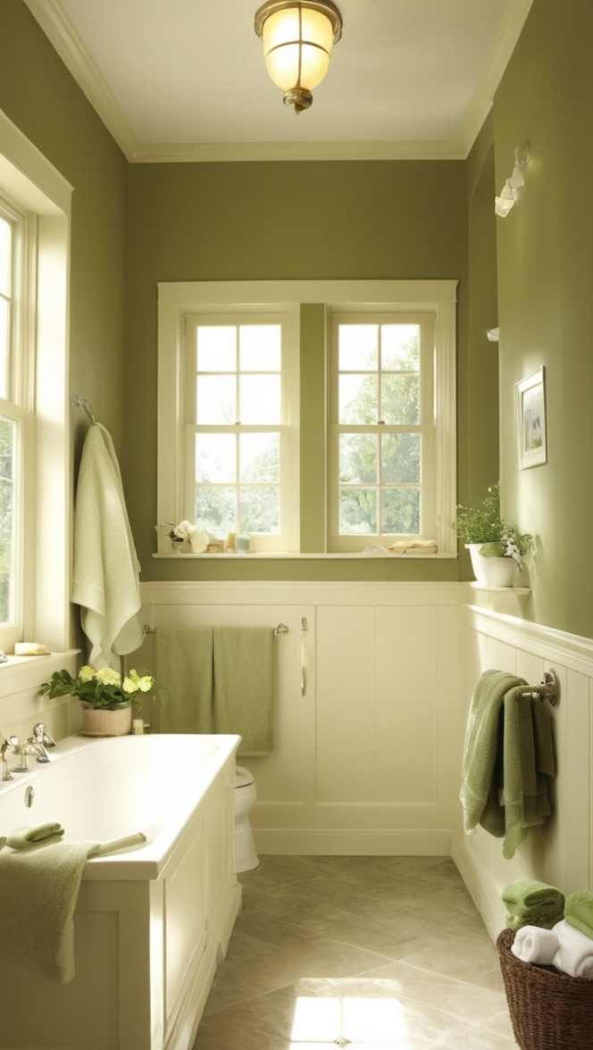 olive green tile, olive green paint, olive green decor, olive green vanity, olive green shower curtain