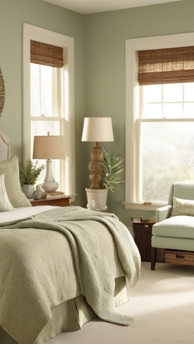 sage green bedding, beige bedroom decor, neutral bedroom design, earth tone bedroom, pastel bedroom palette