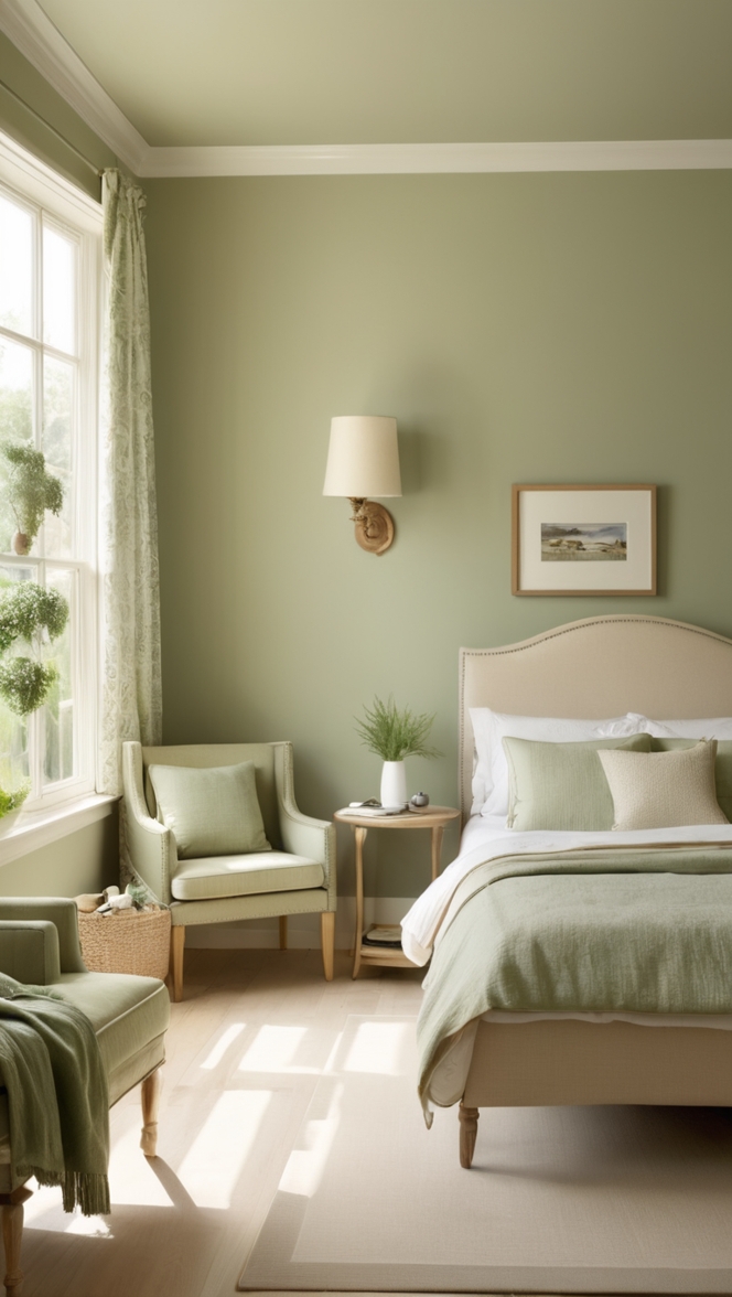 sage green bedding, beige bedroom decor, neutral bedroom design, earth tone bedroom, pastel bedroom palette