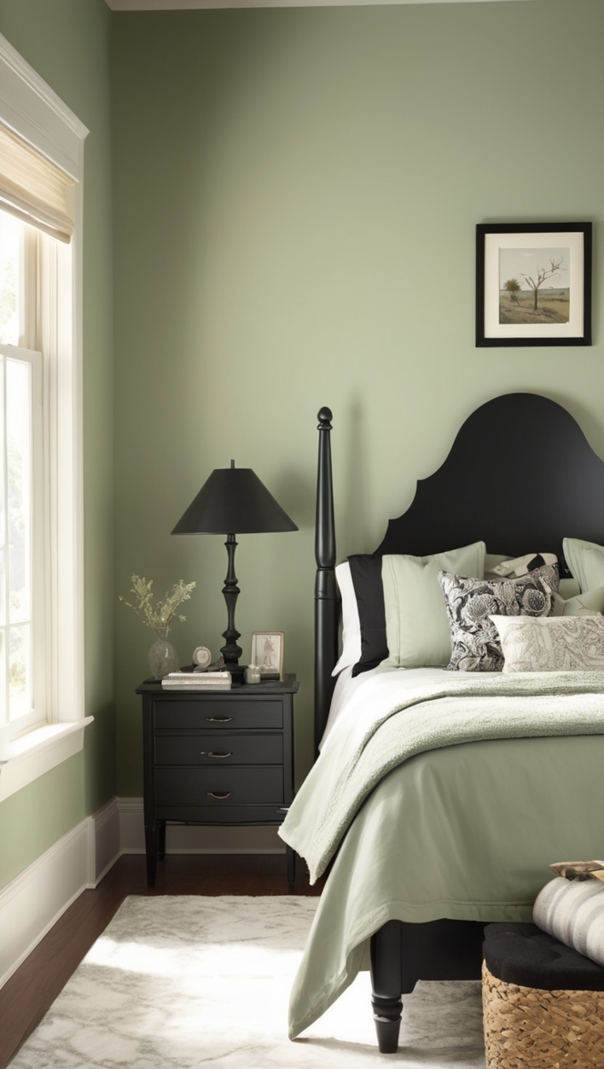sage green bedding, black bedroom furniture, sage green curtains, black and green decor, sage green walls