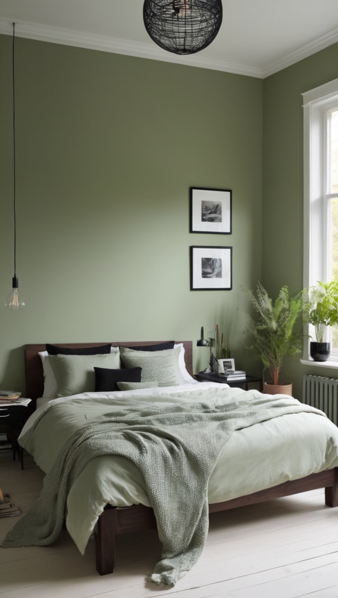 sage green bedding, black bedroom furniture, sage green curtains, black and green decor, sage green walls