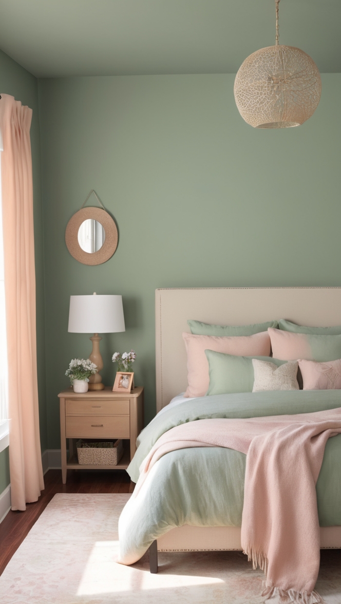 sage green bedding, blush pink decor, bedroom design ideas, elegant interior decor, luxury bedroom inspiration
