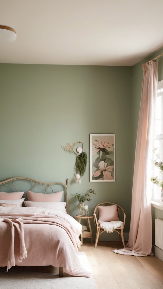 sage green bedding, blush pink decor, bedroom design ideas, elegant interior decor, luxury bedroom inspiration