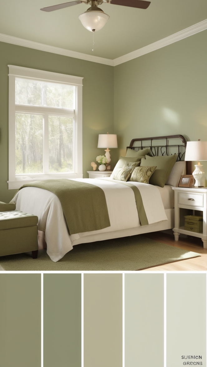 sage green duvet cover, brown bedroom furniture, sage green curtains, brown throw pillows, sage green accent wall