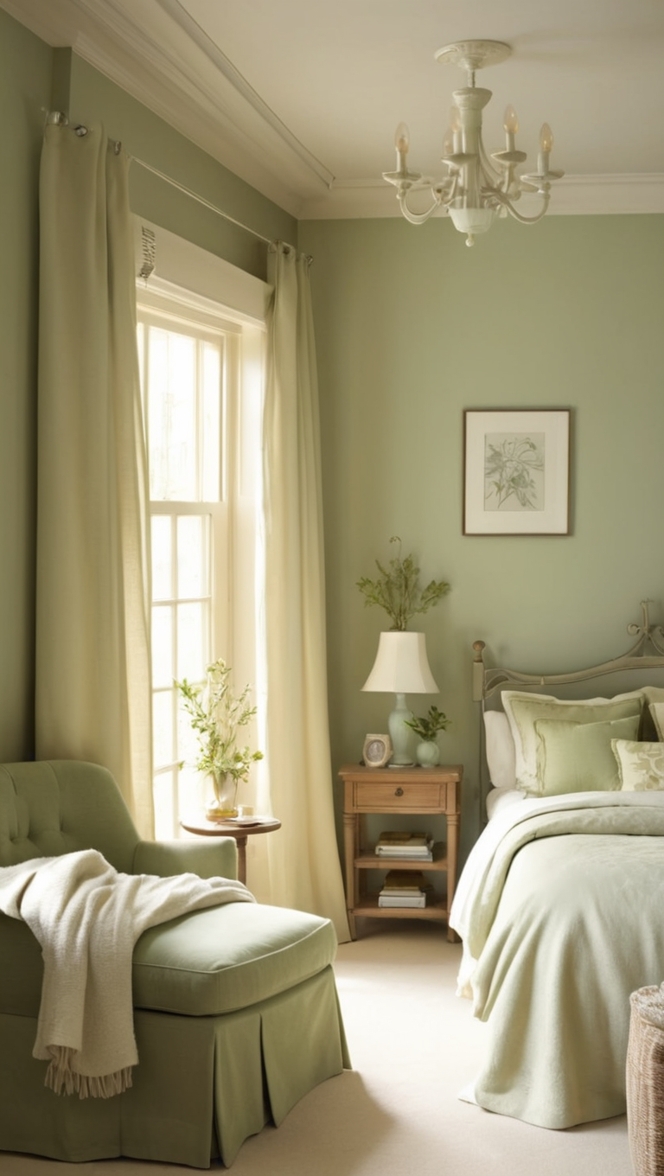 sage green bed sheets, cream bedroom decor, sage green paint, cream bedding set, sage green curtain panels