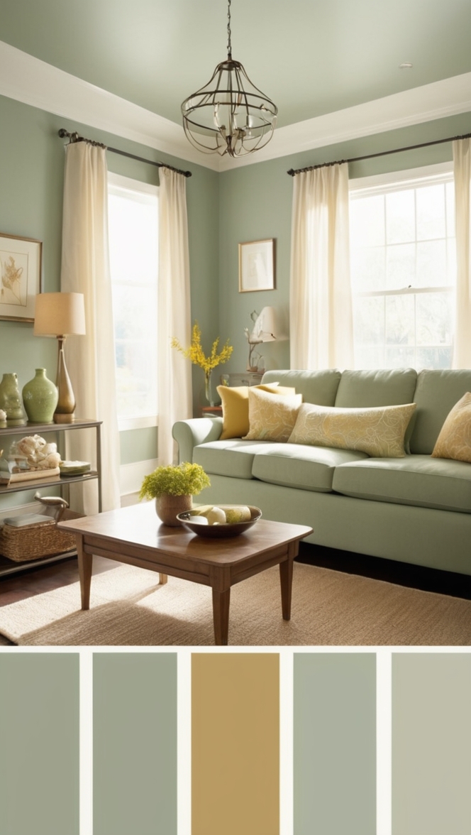 sage green living room decor, gold accent chairs, luxury green and gold, elegant green walls, modern gold furniture