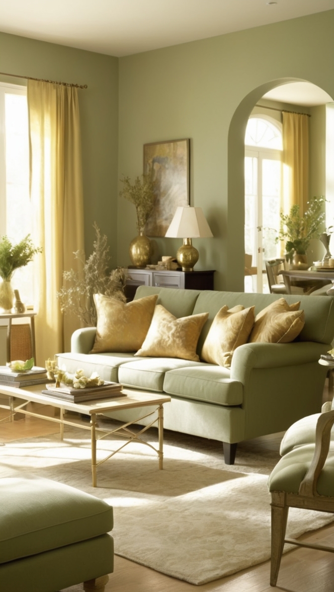 sage green living room decor, gold accent chairs, luxury green and gold, elegant green walls, modern gold furniture