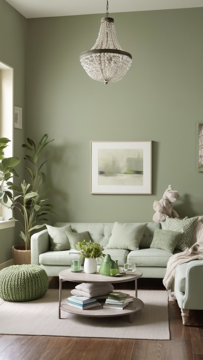sage green wall paint, grey sofa decor, modern living room design, earthy color palette, stylish home decor