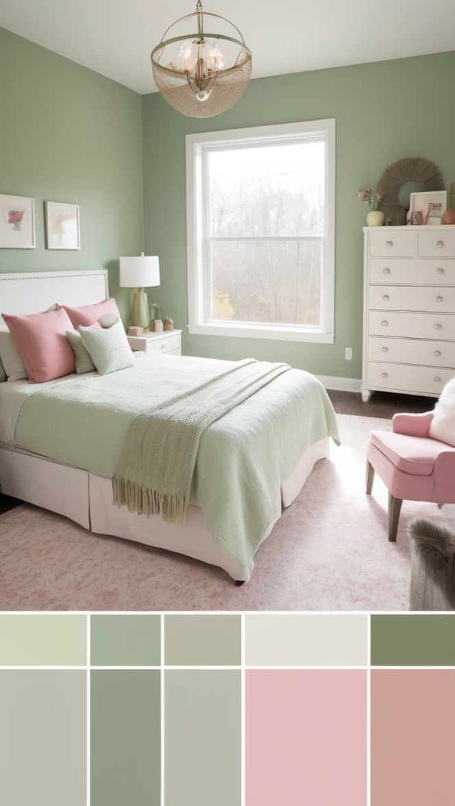 sage green paint, pink velvet pillows, blush pink curtains, sage green duvet cover, dusty rose throw pillows