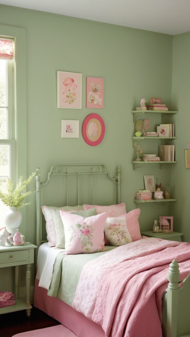 sage green paint, pink velvet pillows, blush pink curtains, sage green duvet cover, dusty rose throw pillows