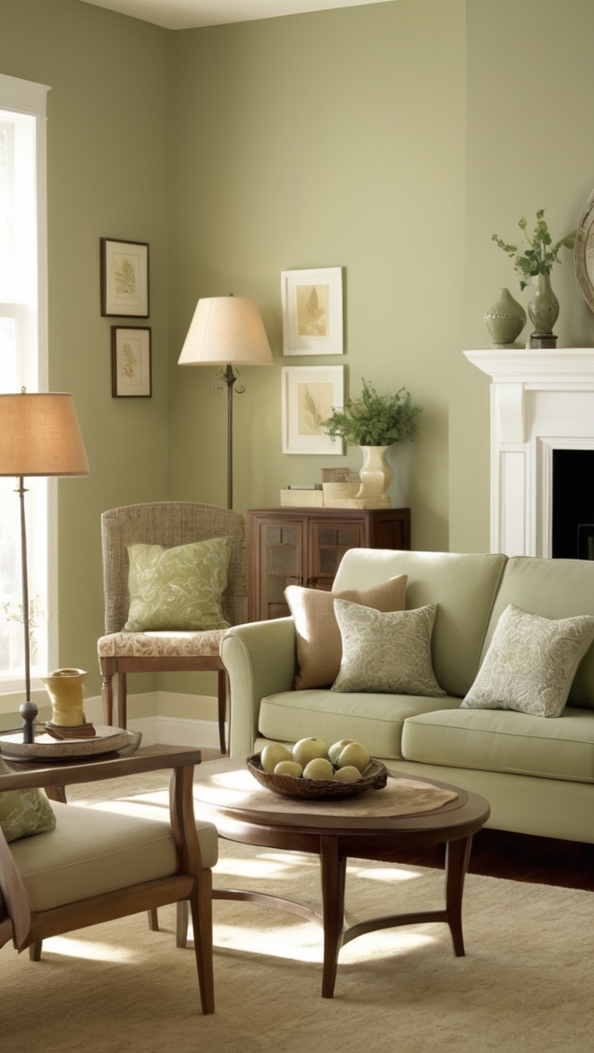 sage green sofa, tan living room decor, green and tan cushions, sage green walls, tan carpet