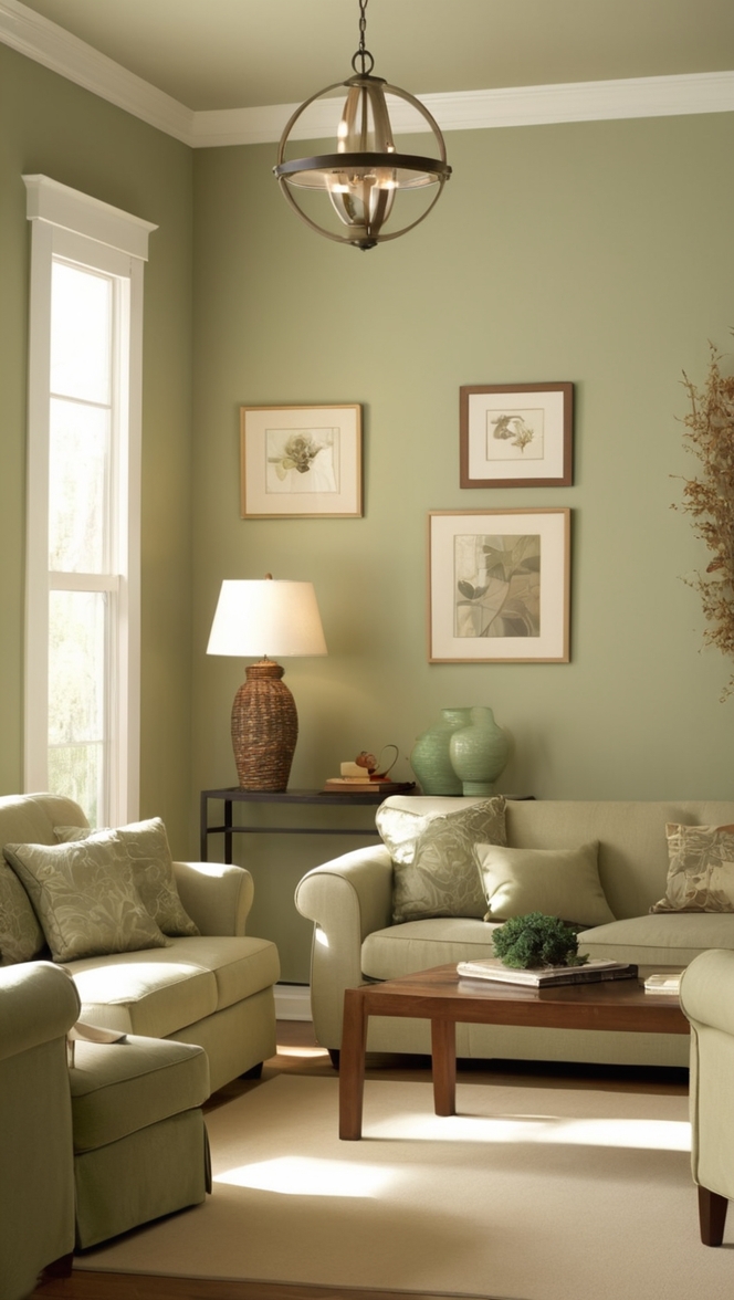 sage green sofa, tan living room decor, green and tan cushions, sage green walls, tan carpet