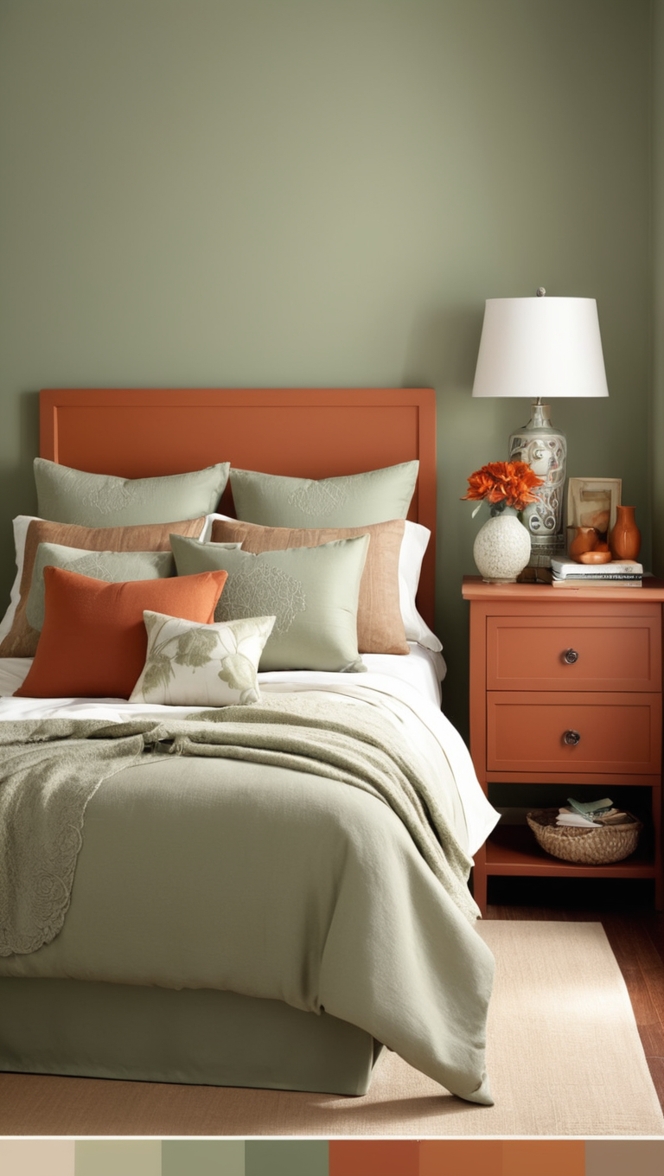 sage green, terracotta paint, bedroom decor, interior design, earthy tones