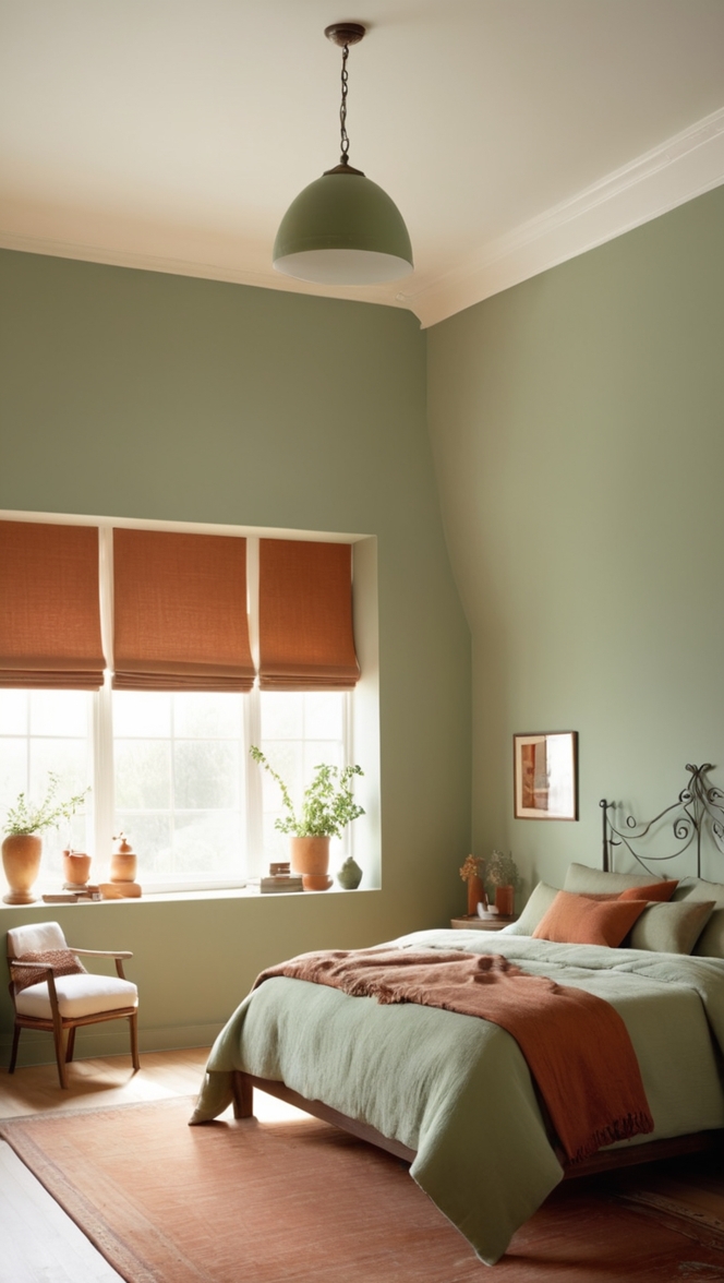 sage green, terracotta paint, bedroom decor, interior design, earthy tones
