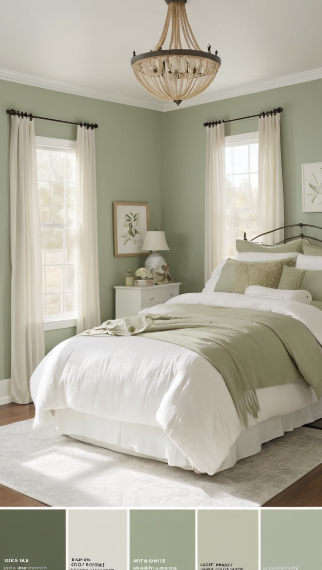 sage green bedroom decor, sage green bedding, sage green paint, white bedspread, white bedroom furniture
