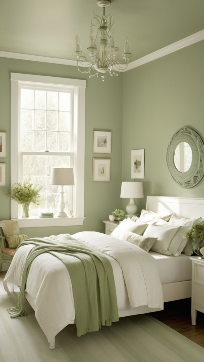 sage green bedroom decor, sage green bedding, sage green paint, white bedspread, white bedroom furniture