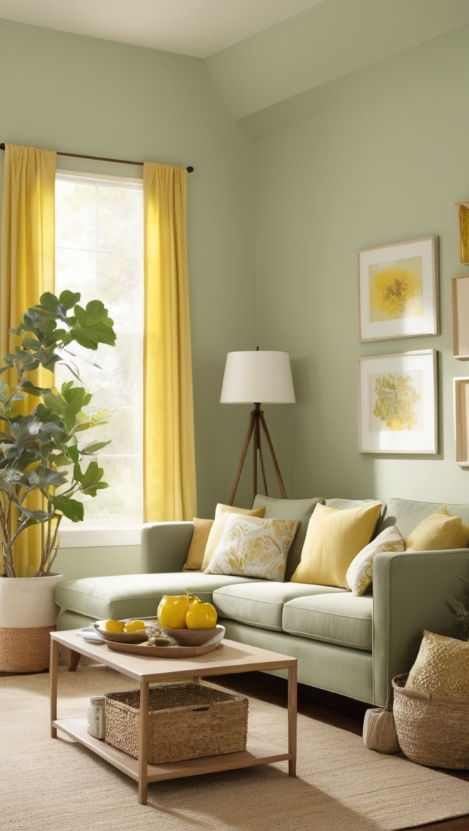 sage green curtains, yellow living room decor, sage green sofa, mustard yellow throw pillows, sage green accent wall
