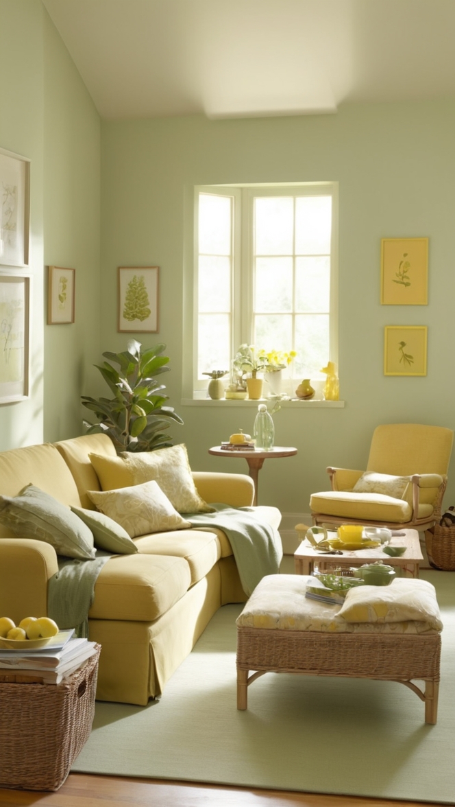 sage green curtains, yellow living room decor, sage green sofa, mustard yellow throw pillows, sage green accent wall