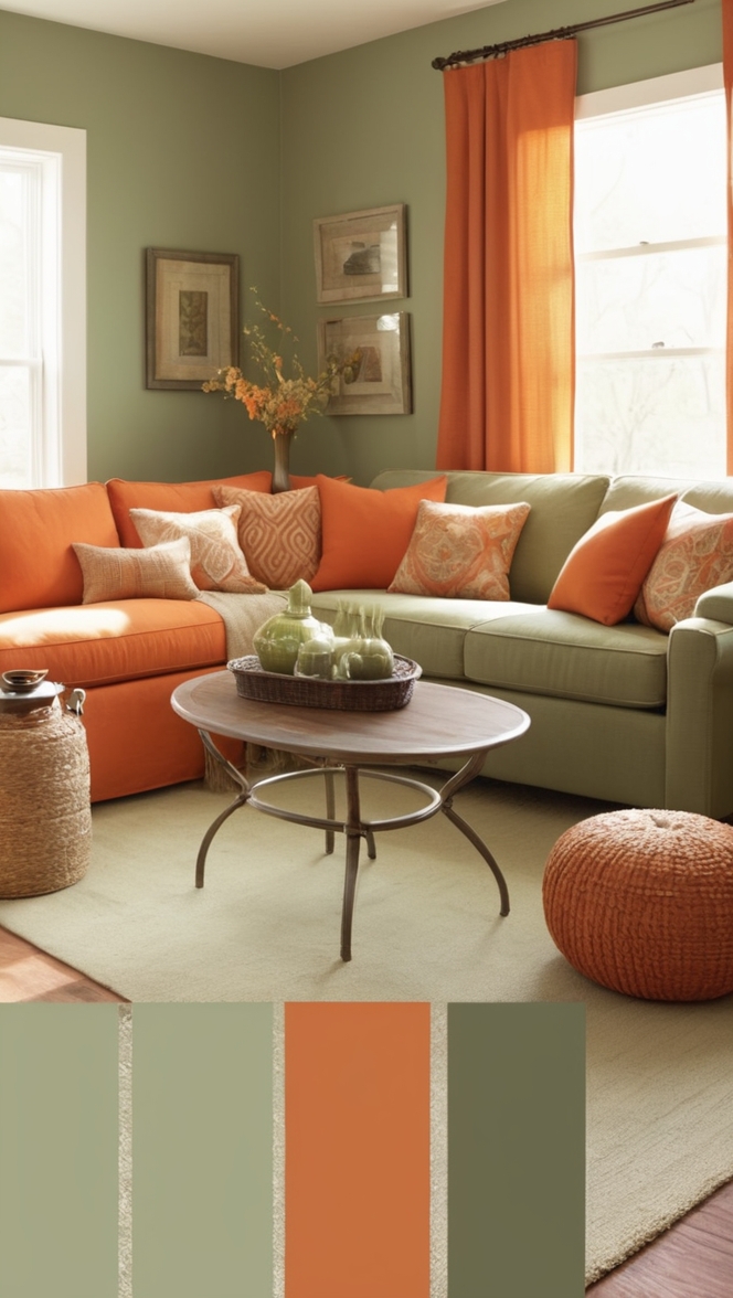 sage green sofa, burnt orange decor, living room color scheme, interior design ideas, modern farmhouse style