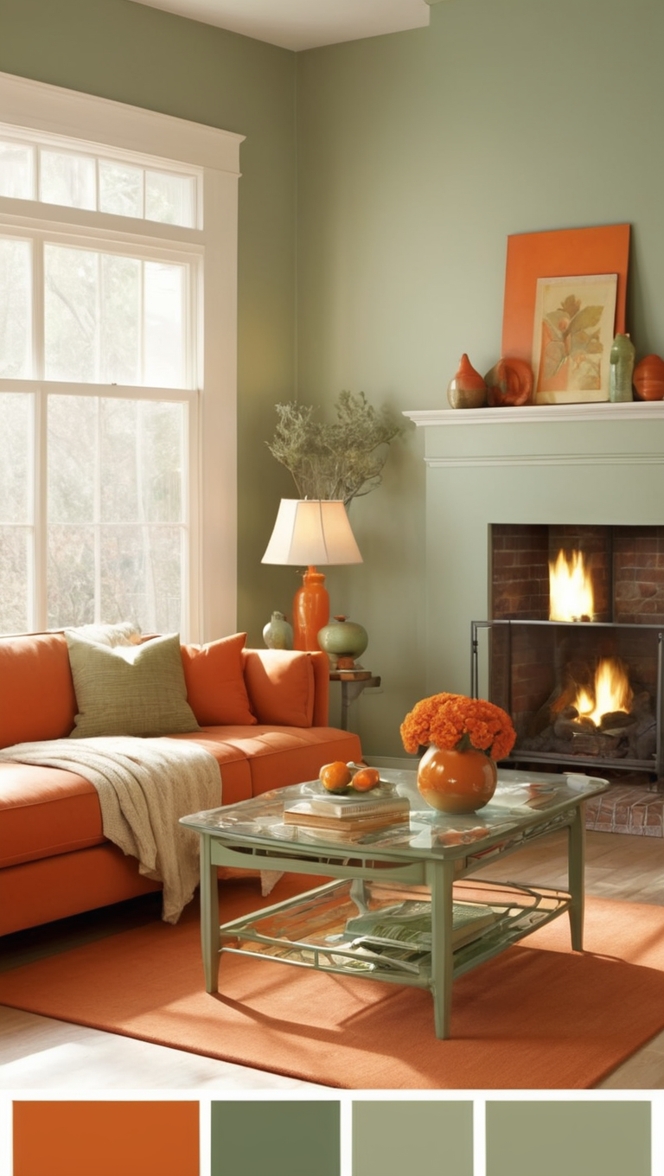 sage green sofa, burnt orange decor, living room color scheme, interior design ideas, modern farmhouse style