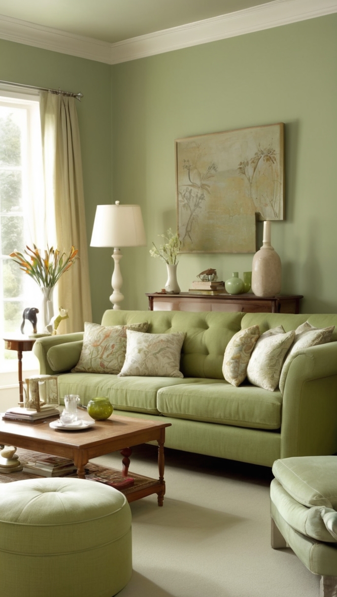 Sage green sofa decor, Green couch room design, Sage green couch color schemes, Sage green sofa inspiration, Decorating with a green sofa