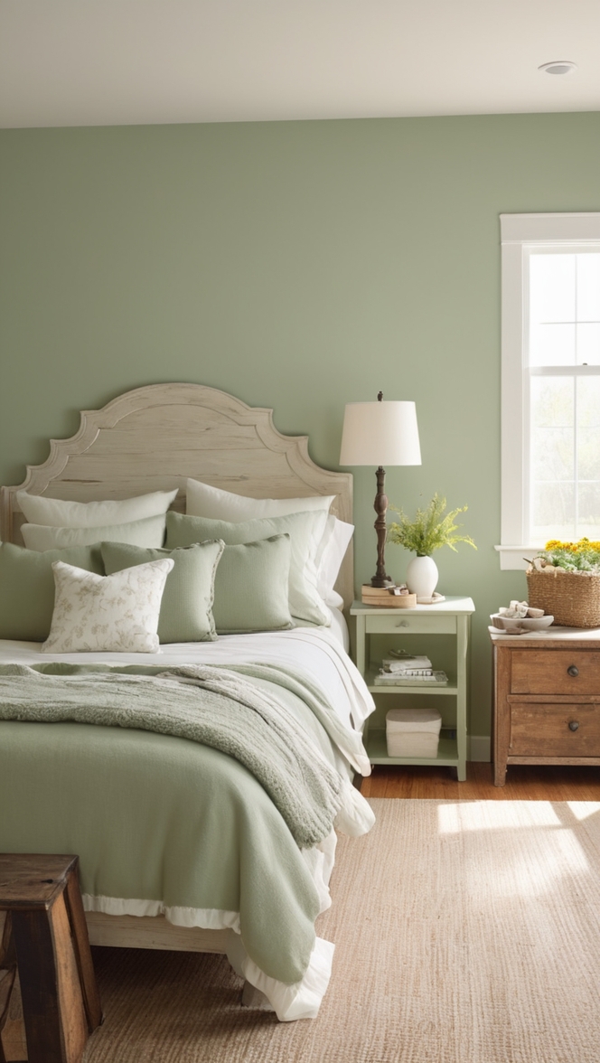 sage green bedding , farmhouse style decor , rustic bedroom furniture , country chic home , vintage wallpaper