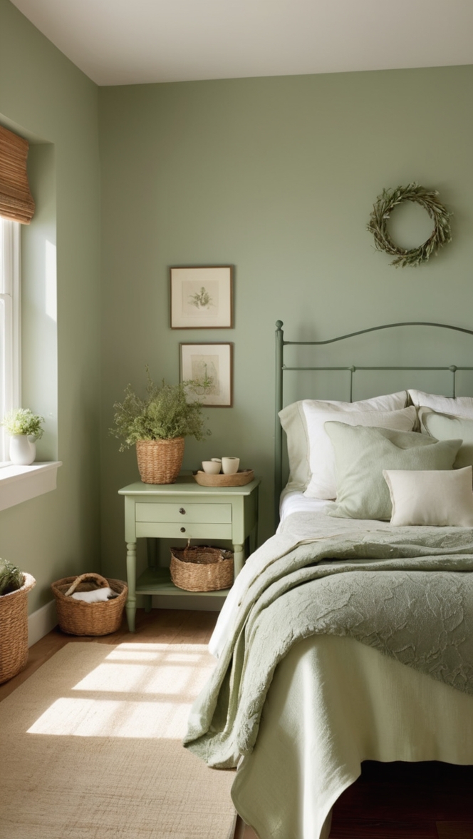 sage green bedding , farmhouse style decor , rustic bedroom furniture , country chic home , vintage wallpaper