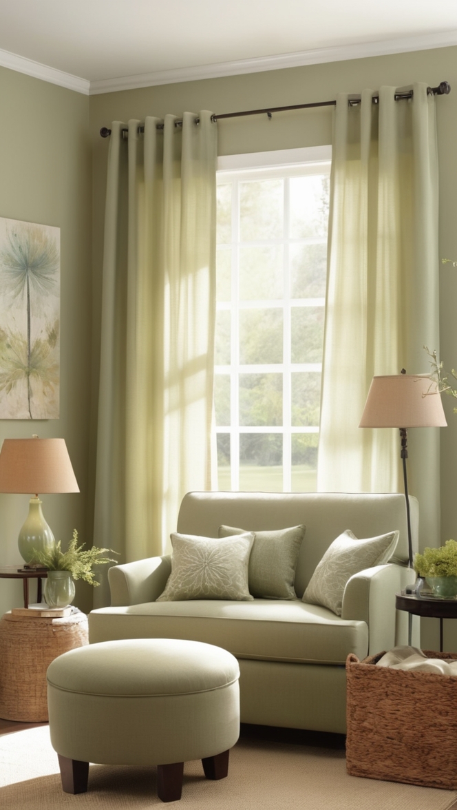 living room curtains, sage green curtains, green curtains, living room decor, window treatments