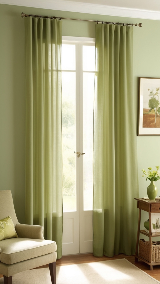 living room curtains, sage green curtains, green curtains, living room decor, window treatments