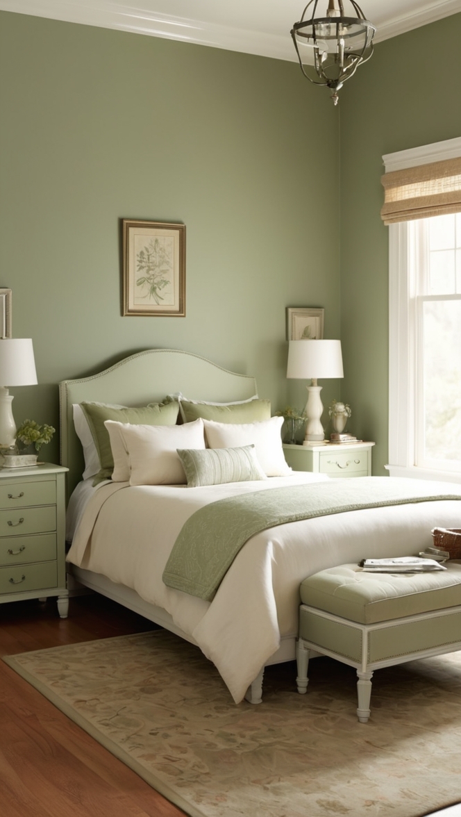 sage green bedroom decor, sage green accent wall, sage green bedroom ideas, sage green paint colors, sage green bedroom furniture