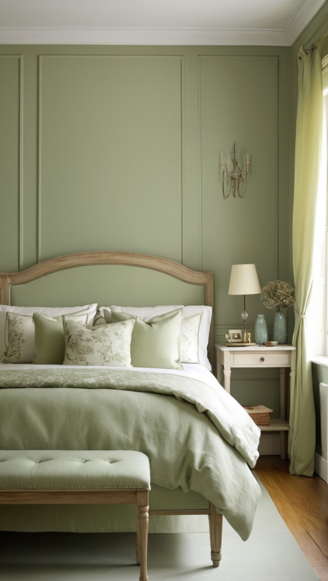 sage green bedroom decor, sage green accent wall, sage green bedroom ideas, sage green paint colors, sage green bedroom furniture