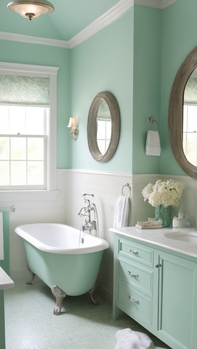 seafoam green paint, seafoam green tiles, seafoam green decor, seafoam green vanity, seafoam green towels