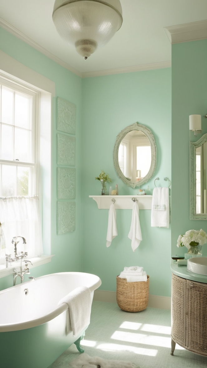 seafoam green paint, seafoam green tiles, seafoam green decor, seafoam green vanity, seafoam green towels