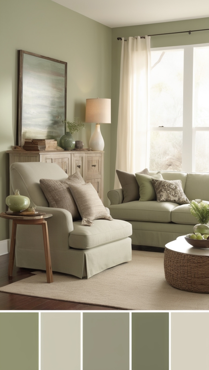 taupe paint, sage green decor, living room inspiration, taupe sofa, green accent wall