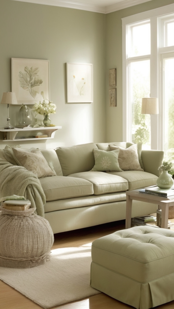 taupe paint, sage green decor, living room inspiration, taupe sofa, green accent wall