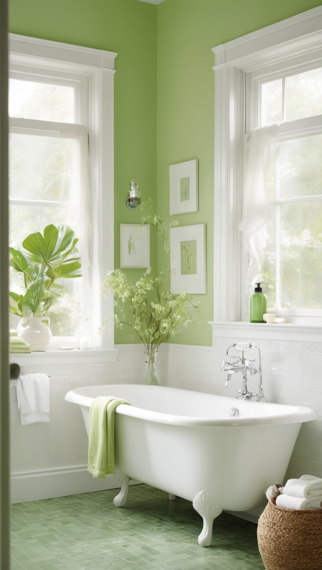bathroom renovation, white bathroom design, green bathroom decor, modern bathroom style, luxury bathroom ideas