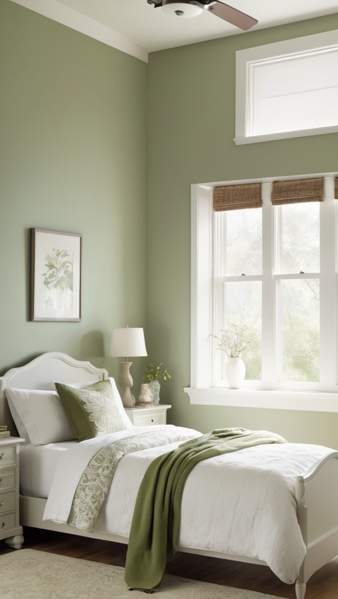 white bedroom decor, sage green bedding, bedroom design ideas, luxurious bedroom furniture, green and white color palette