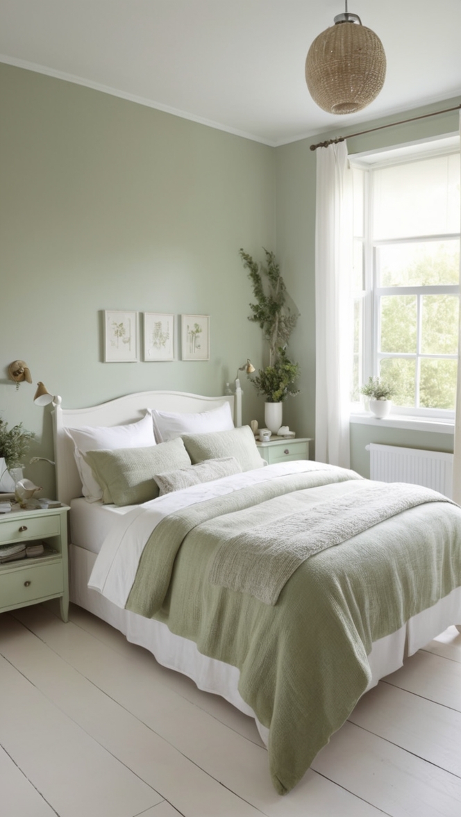 white bedroom decor, sage green bedding, bedroom design ideas, luxurious bedroom furniture, green and white color palette